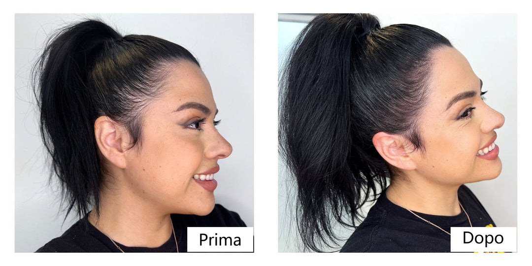 Immagini confronto prima e dopo dell'uso delle fibre per capelli Lemooree 1
